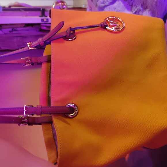 Michael‎ Kors Yellow Canvas Leather Trim Tote Bag Shoulder Bag - Picture 2 of 4